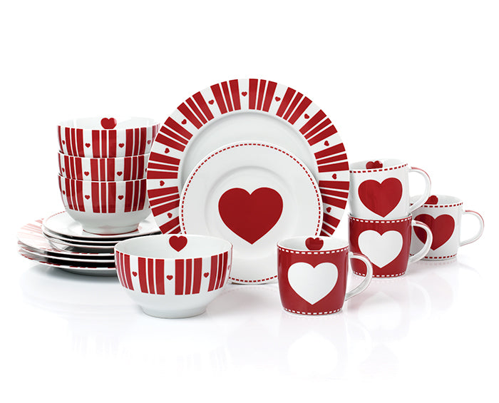 Nordic Red Heart Christmas Porcelain Dinnerware Set, 16 Pieces