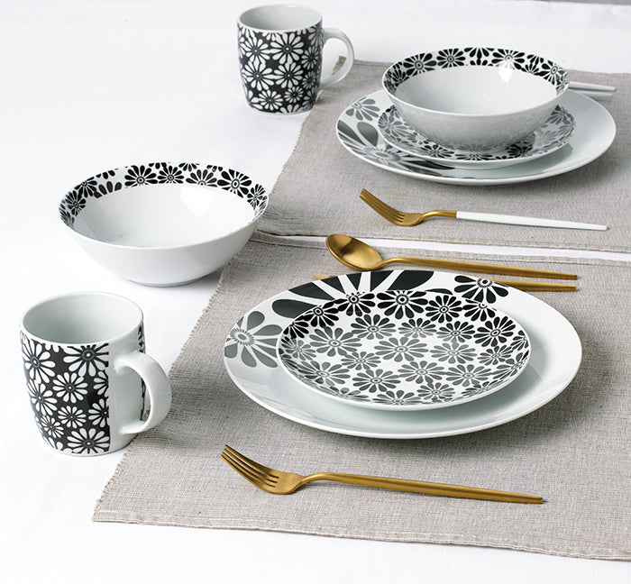 Black & White Kira Porcelain Dinnerware Set, 16 Pieces
