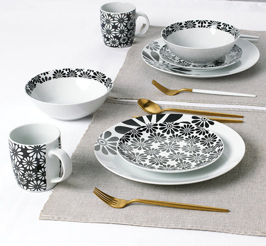 Black & White Kira Porcelain Dinnerware Set, 16 Pieces