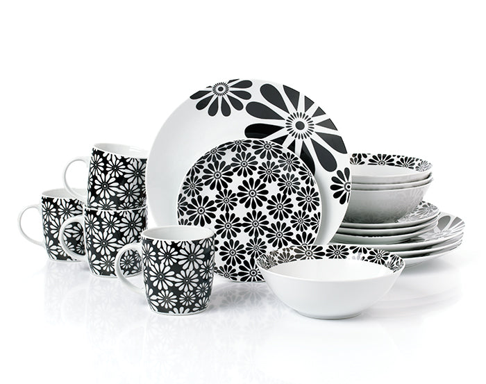 Black & White Kira Porcelain Dinnerware Set, 16 Pieces