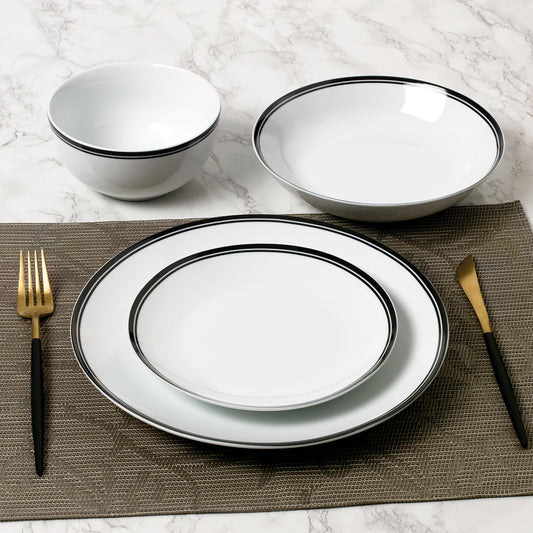 St Ives Stripe Porcelain Dinnerware Set  - Black, 16 Pieces