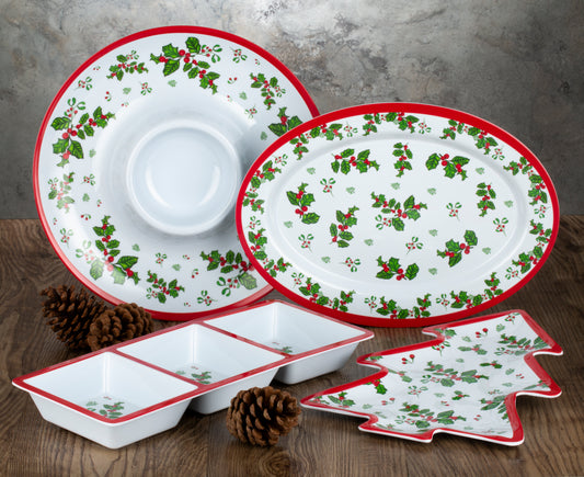 4pc Melamine Holly Serving Set-(STRONG PLASTIC)