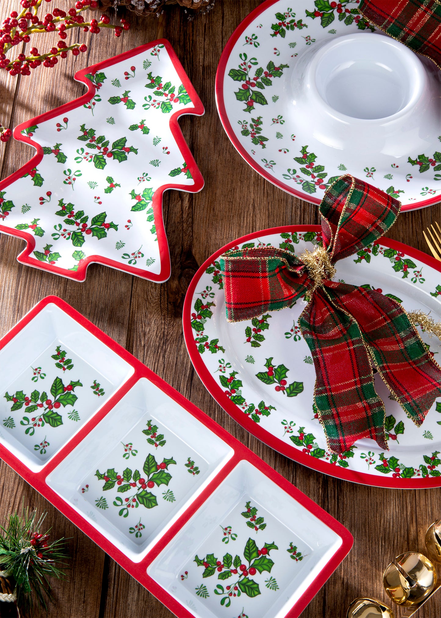 4pc Melamine Holly Serving Set-(STRONG PLASTIC)