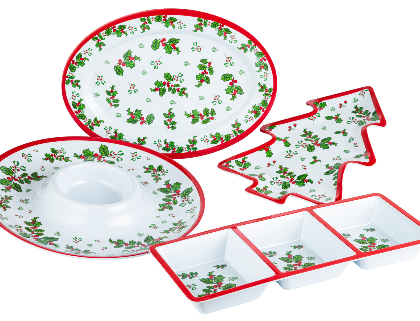 4pc Melamine Holly Serving Set-(STRONG PLASTIC)