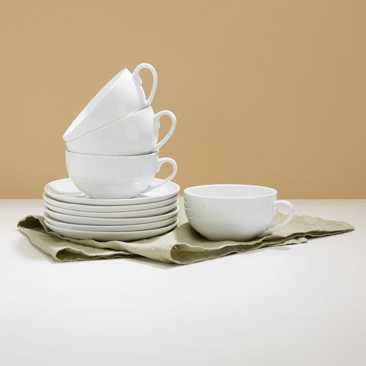 Large Cappuccino Porcelain Cups & Saucers, 6 Pieces