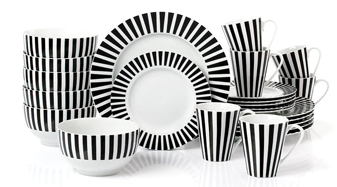 Black Split Stripe Porcelain Dinnerware Set, 24 Pieces
