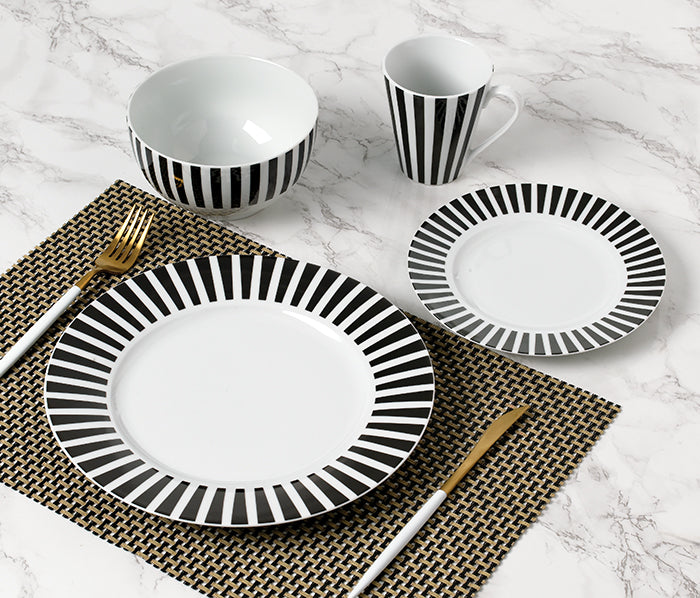 Black Split Stripe Porcelain Dinnerware Set, 24 Pieces