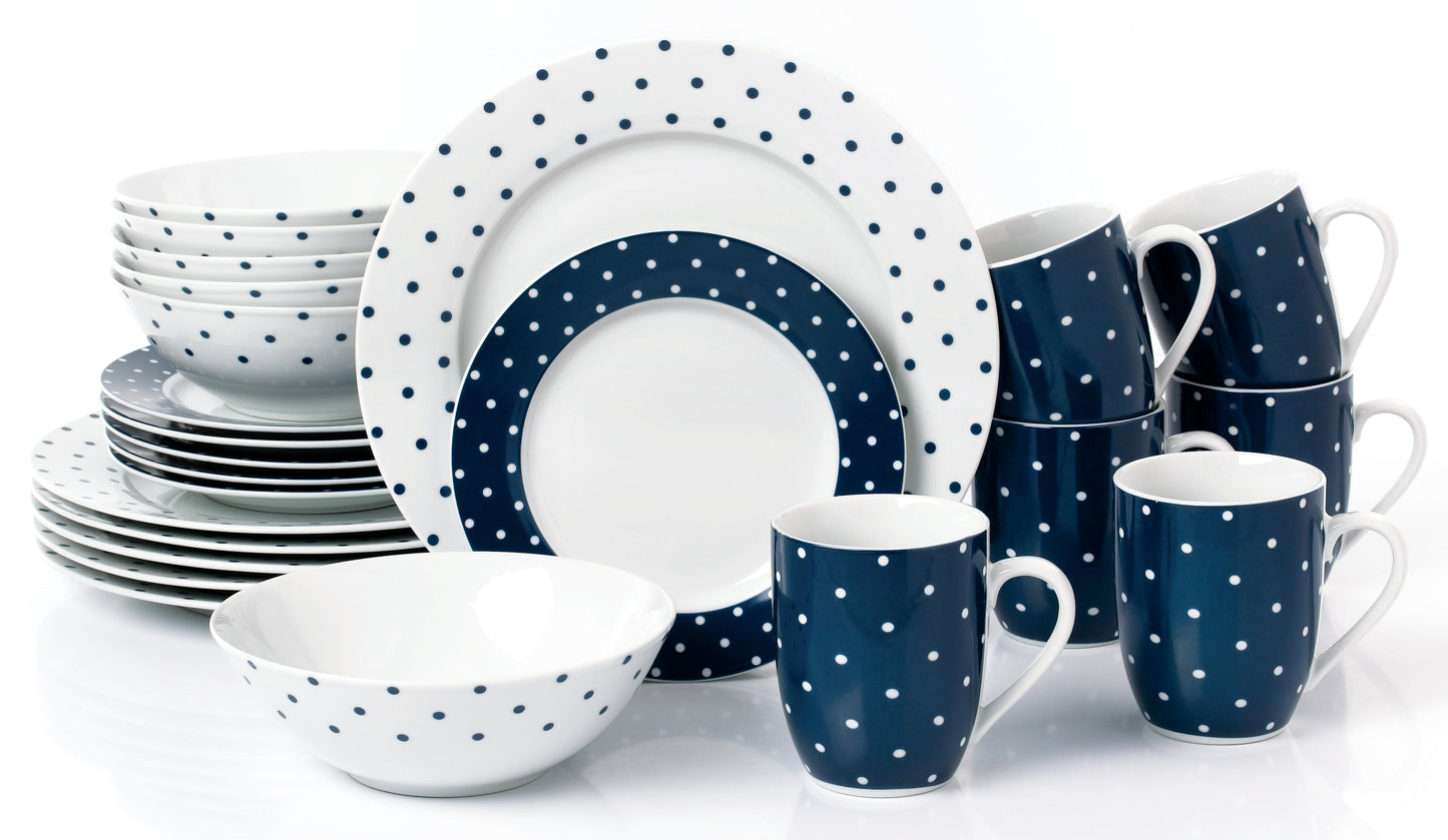 Blue & White Spot Porcelain Dinnerware Set, 24 Pieces