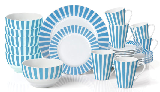 Soft Blue Split Stripe Porcelain Dinnerware Set, 24 Pieces