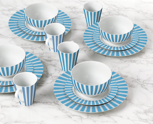 Soft Blue Split Stripe Porcelain Dinnerware Set, 24 Pieces