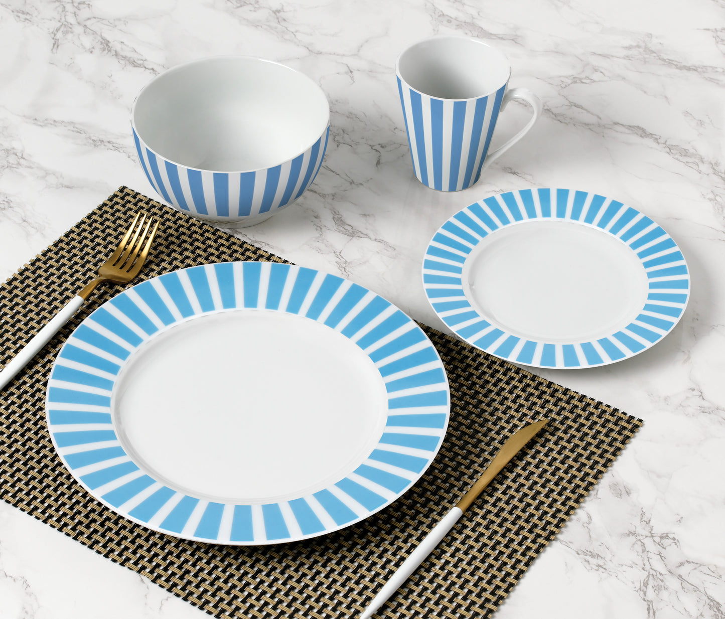 Soft Blue Split Stripe Porcelain Dinnerware Set, 24 Pieces