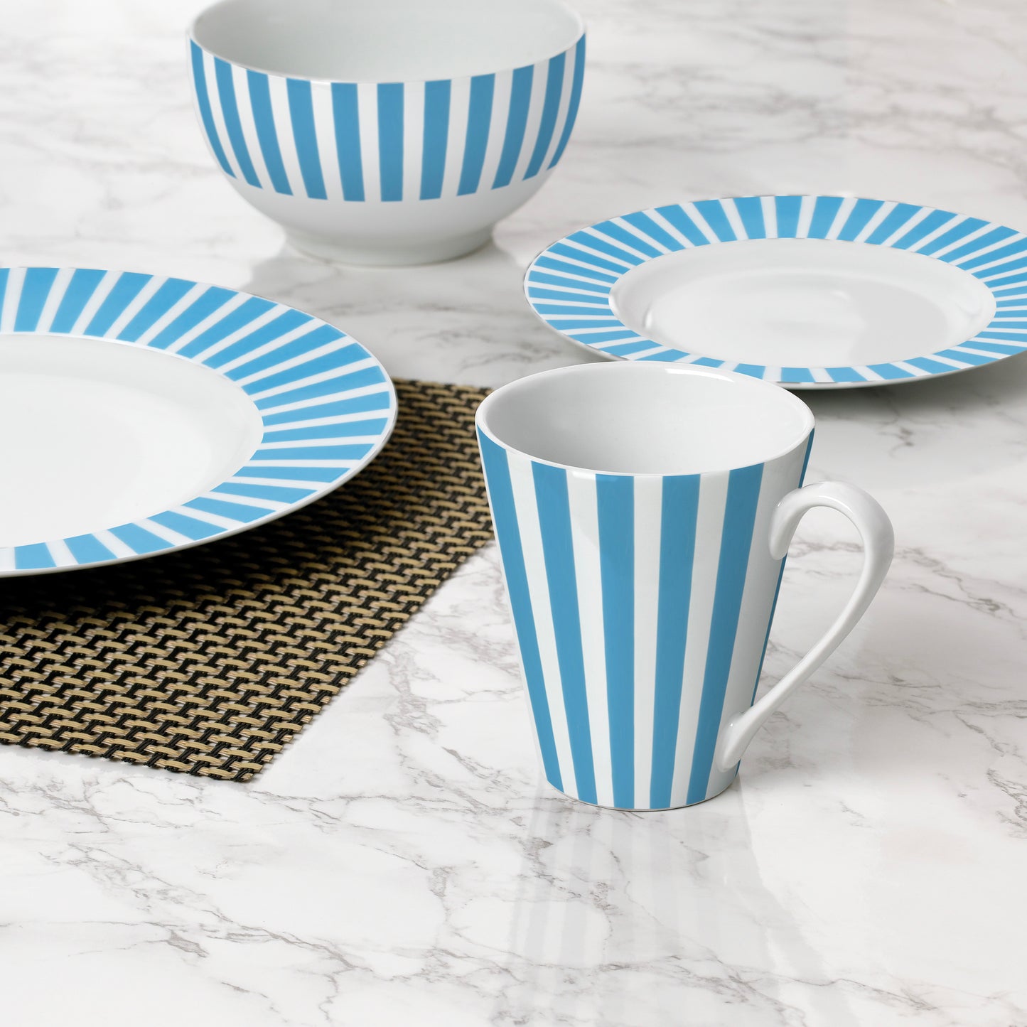 Soft Blue Split Stripe Porcelain Dinnerware Set, 24 Pieces