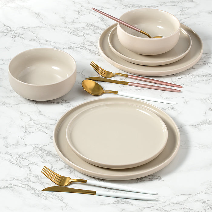 12pc 2tone (Matt & Shiny) Stone & Cream Dinner Set