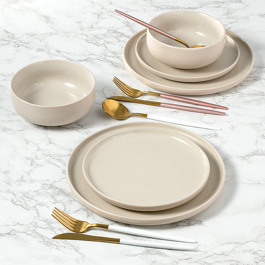 2tone (Matt & Shiny) Stone & Cream Stoneware Dinnerware Set, 12 Pieces
