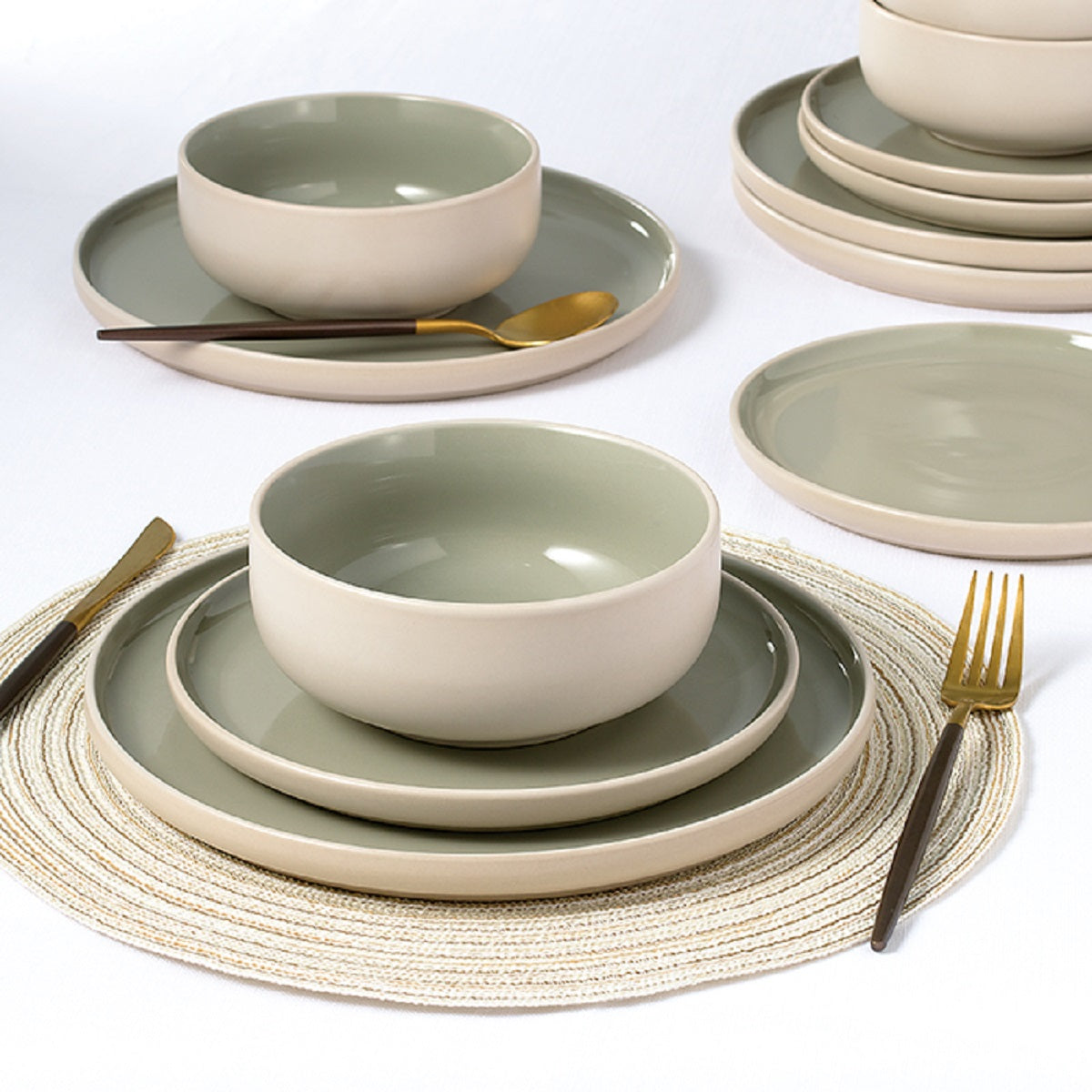 12pc 2tone (Matt & Shiny) Green & Cream Dinner Set
