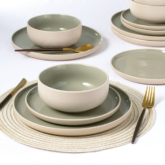 2tone (Matt & Shiny) Green & Cream Stoneware Dinnerware Set, 12 Pieces