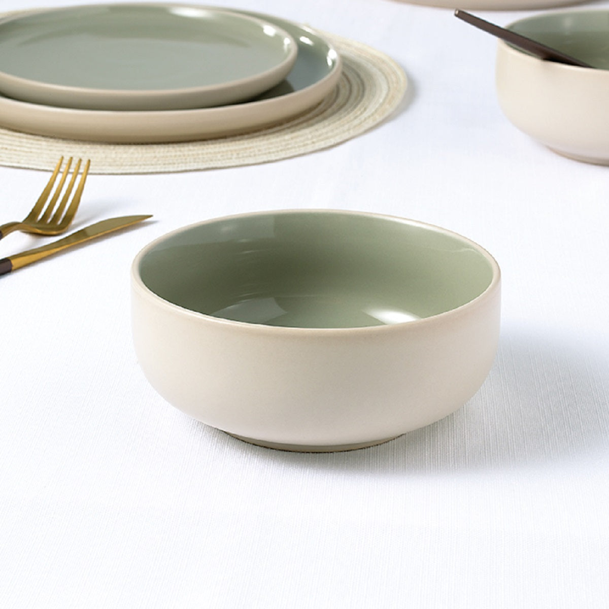 12pc 2tone (Matt & Shiny) Green & Cream Dinner Set
