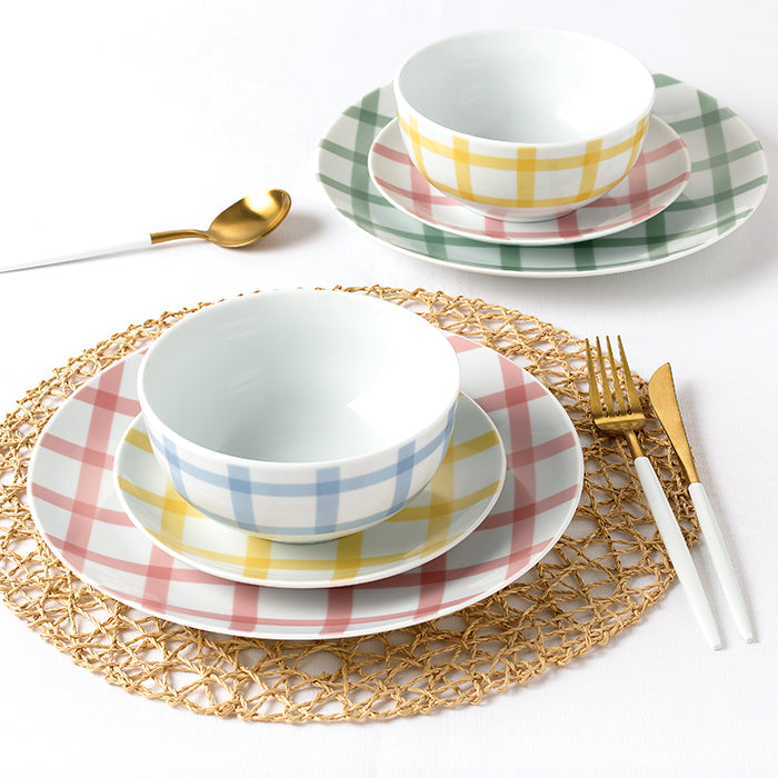 Gingham Pastels Porcelain Dinnerware Set, 12 Pieces