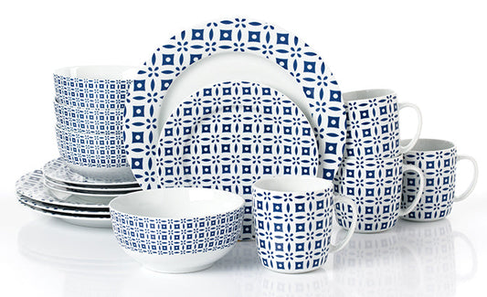 Blue Geo Porcelain Dinnerware Set, 16 Pieces