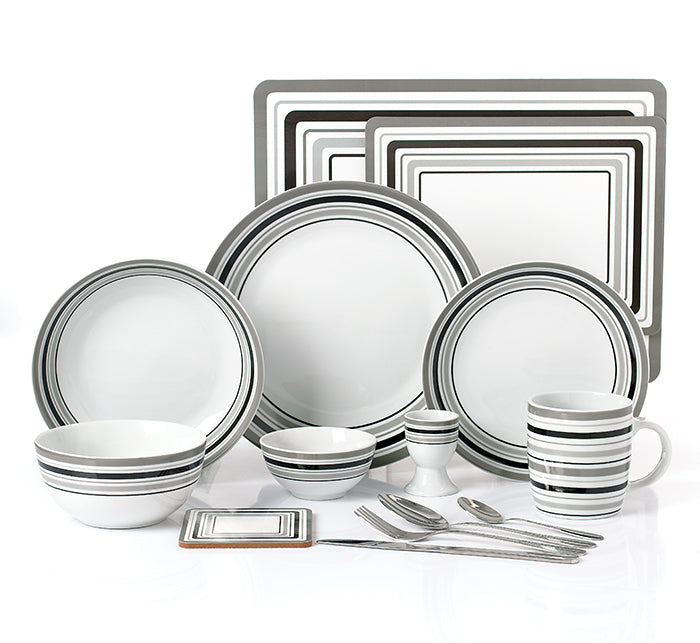 Grey Brompton Combination Tableware Set; Porcelain, Placemats and Cutlery, 80 Pieces