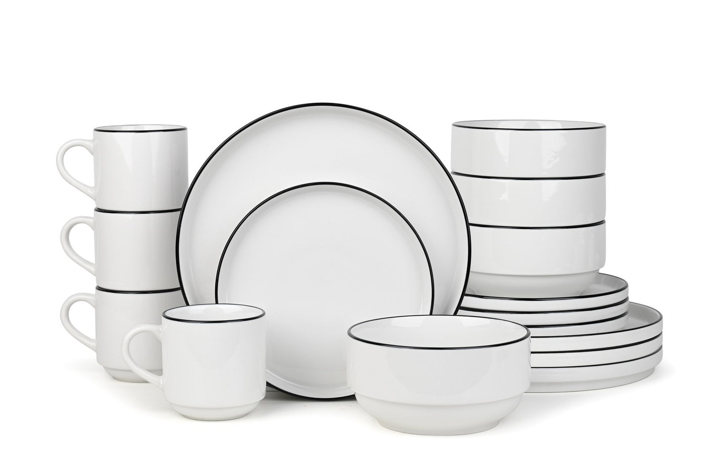 16pc Stackable White with Black Rim Dinner Set