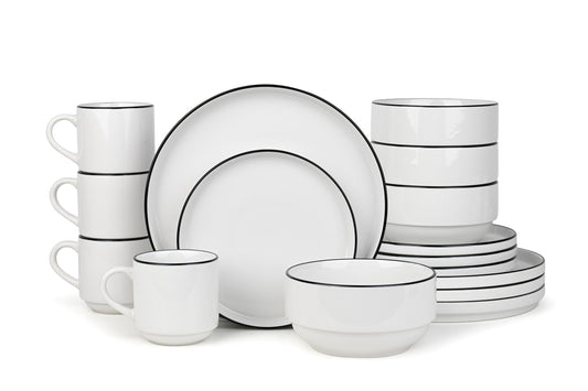 Stackable White with Black Rim Porcelain Dinner Set, 16 Pieces
