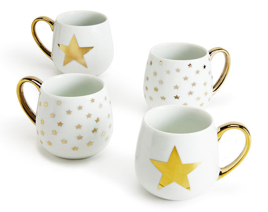 *** SPECIAL OFFER ***          Shiny Gold Star Christmas Porcelain Hug Mugs, 4 Pieces