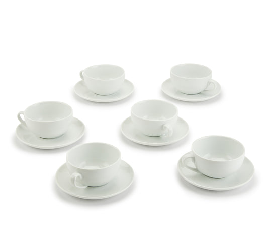 Large Cappuccino Porcelain Cups & Saucers, 6 Pieces
