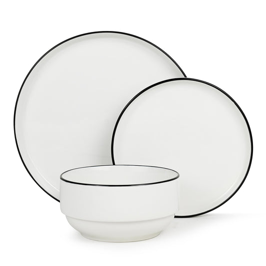 Stackable White with Black Rim Porcelain Dinner Set, 12 Pieces