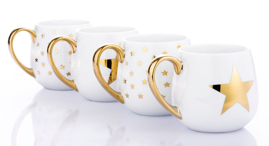 *** SPECIAL OFFER ***          Shiny Gold Star Christmas Porcelain Hug Mugs, 4 Pieces
