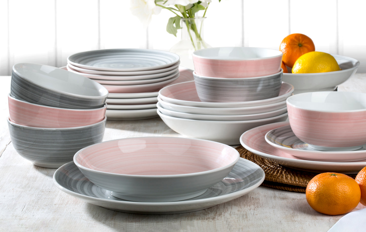 24pc Pink & Grey Spin Wash Dinner Set