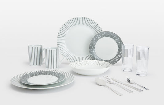 Grey Stripe Combination Tableware Set, Porcelain, Glassware & Cutlery, 36 Pieces
