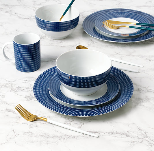 Blue Linear Porcelain Dinnerware Set, 16 Pieces