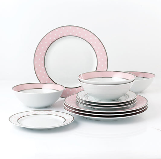 12PC Pink Star with Plat Rim Dinner Set