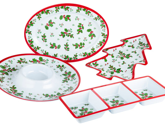 4pc Melamine Holly Serving Set-(STRONG PLASTIC)