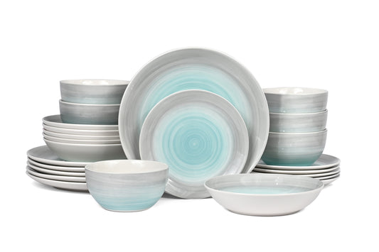 24PC BLUE & GREY SPINWASH COUPE DINNER SET