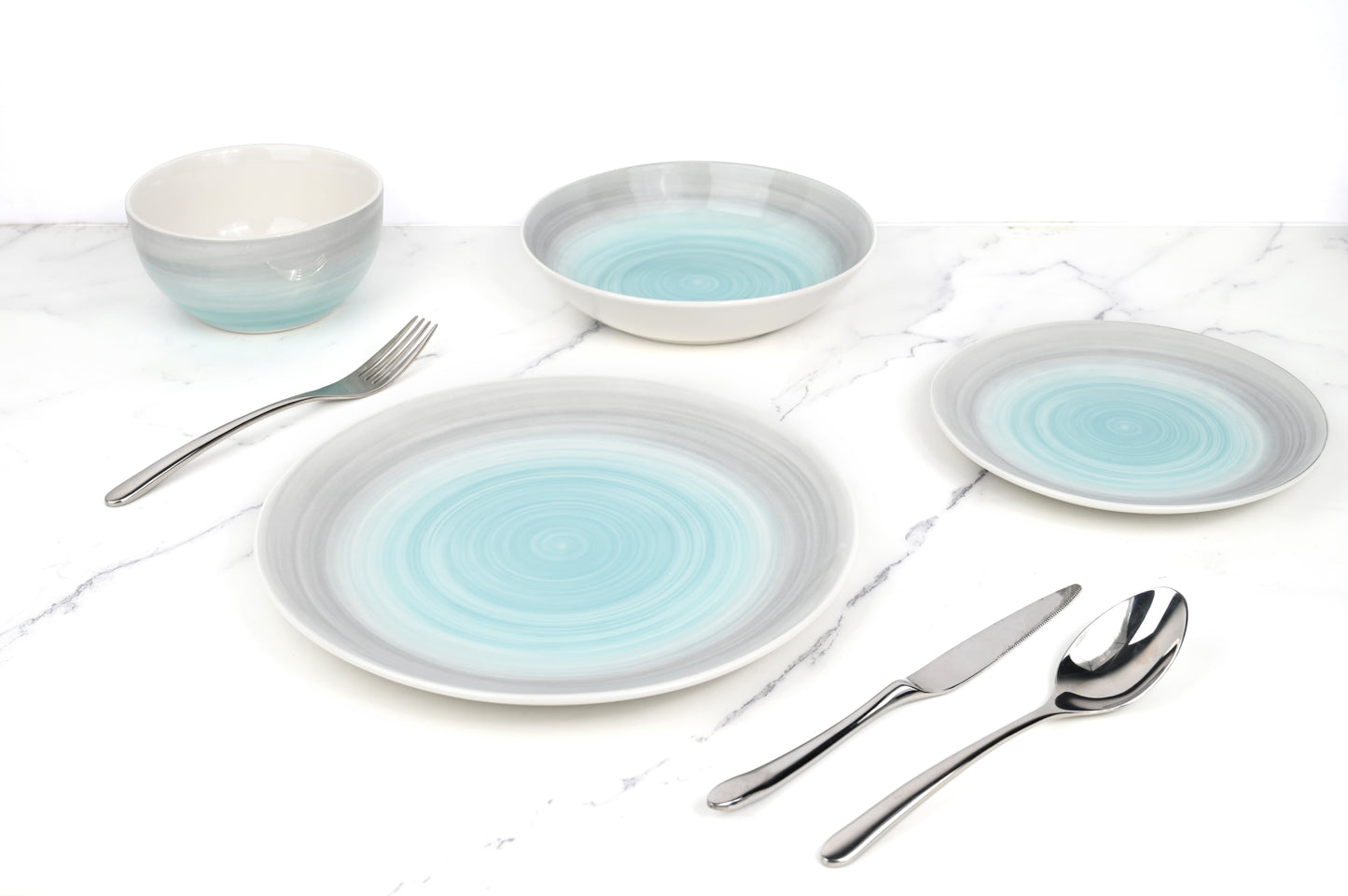 24PC BLUE & GREY SPINWASH COUPE DINNER SET