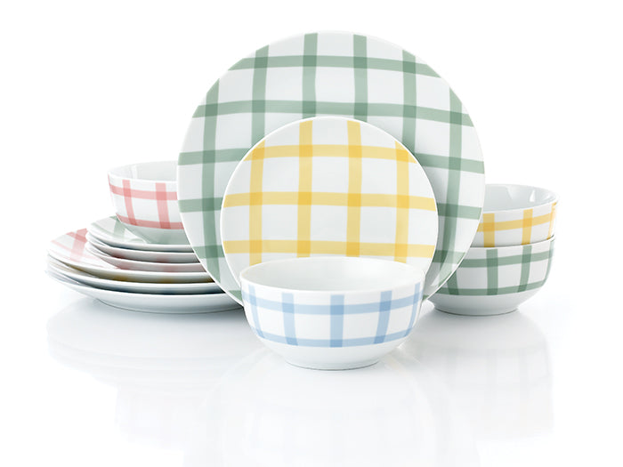 12pc Gingham Pastels Dinner Set