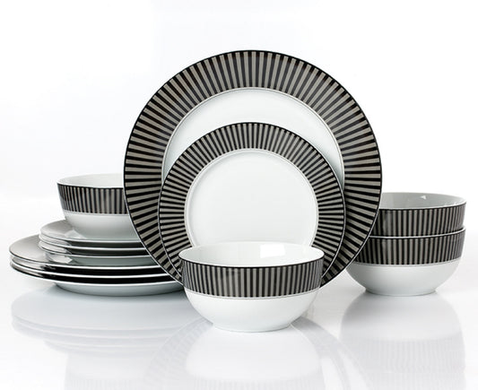 12pc Belmont Black Stripe Dinner Set