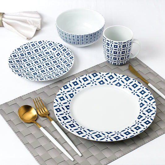 Blue Geo Porcelain Dinnerware Set, 16 Pieces
