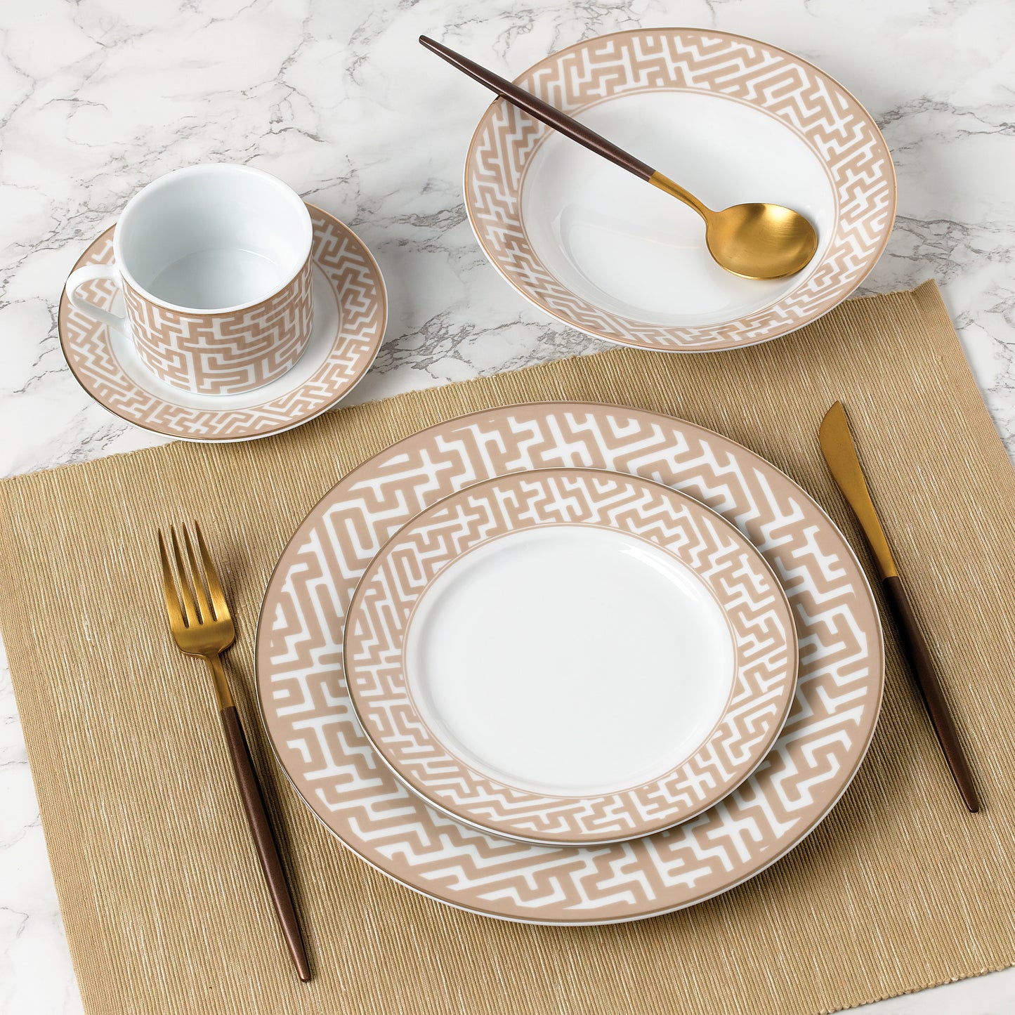 20pc Mosaic Cream & Gold Dinner Set