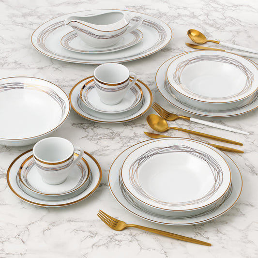 Gold Swirl Porcelain Dinnerware, 35 Pieces