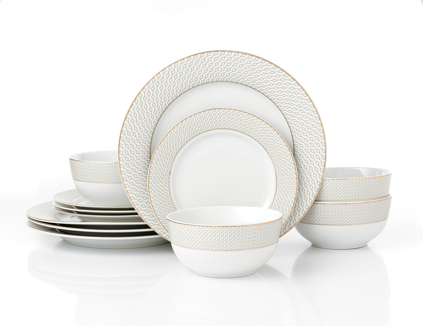12pc Premium Diamond  & Gold Dinner Set  - Deep bowl