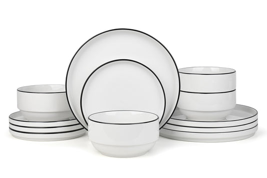 12PC Stackable White with Black Rim Dinner Set