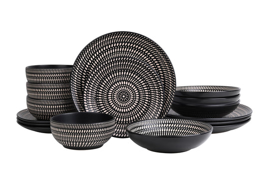 16PC Pad Print Black Dinner Set