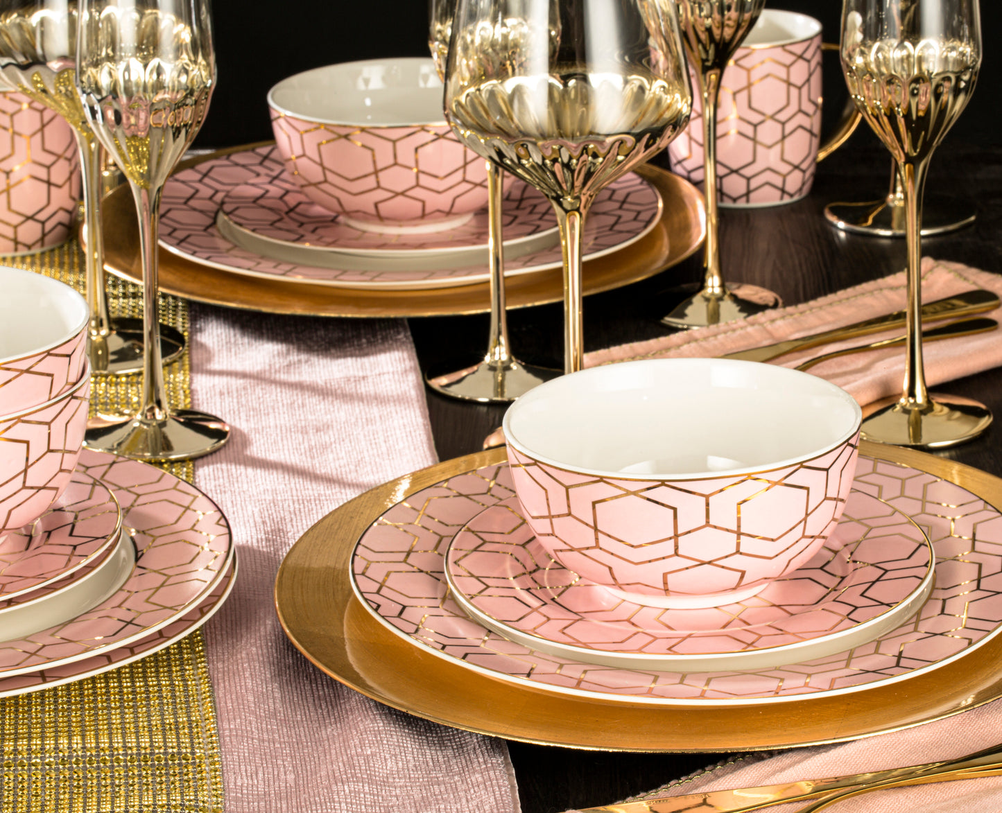 12pc Tallulah Pink & Gold Dinner Set